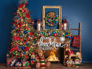 60x80-Teddy Christmas on Blue-Black Dandelion Backdrops