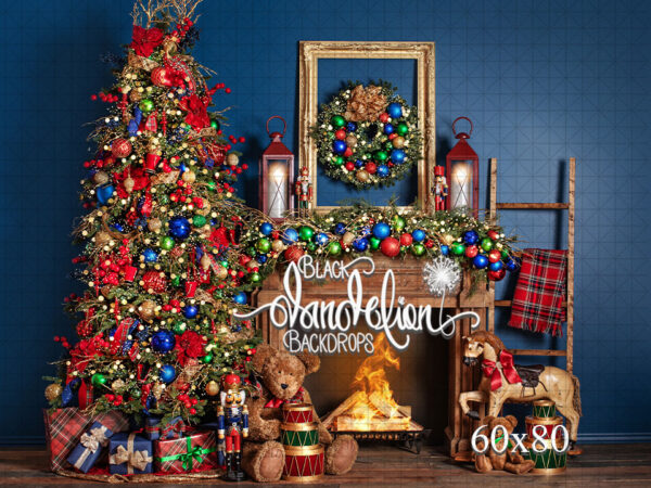 60x80-Teddy Christmas on Blue-Black Dandelion Backdrops