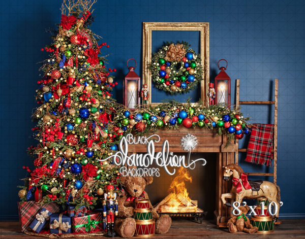8x10-Teddy Christmas on Blue-Black Dandelion Backdrops