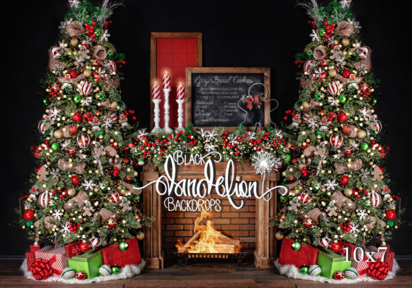 10x7-Gingerbread Christmas on Black Dual Trees-Black Dandelion Backdrops