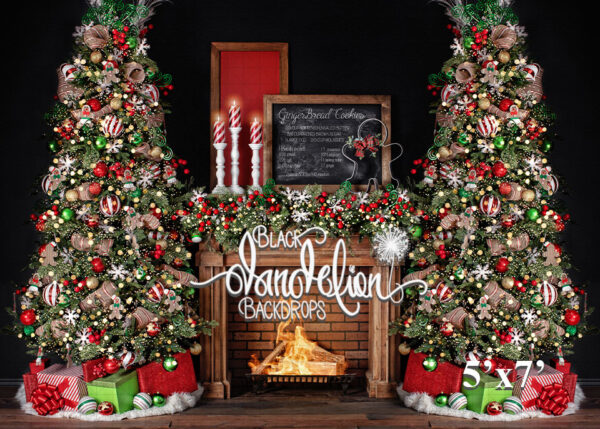 5x7-Gingerbread Christmas on Black Dual Trees-Black Dandelion Backdrops