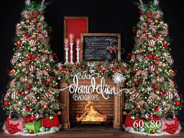 60x80-Gingerbread Christmas on Black Dual Trees-Black Dandelion Backdrops