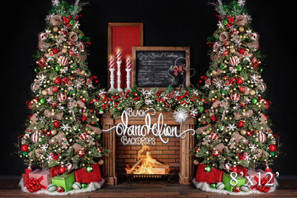 8x12-Gingerbread Christmas on Black Dual Trees-Black Dandelion Backdrops