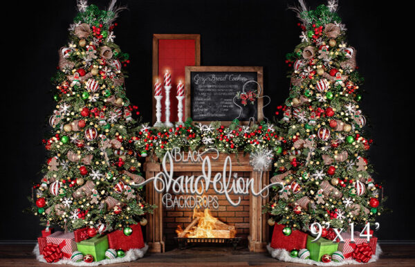 9x14-Gingerbread Christmas on Black Dual Trees-Black Dandelion Backdrops